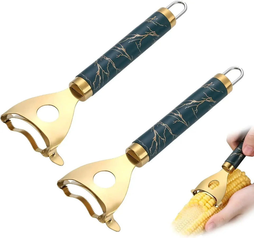 2-Pack Stainless Steel Corn Peeler Tool & Cob Stripper - Golden Marble Kitchen Gadget - SS Creative Holdings