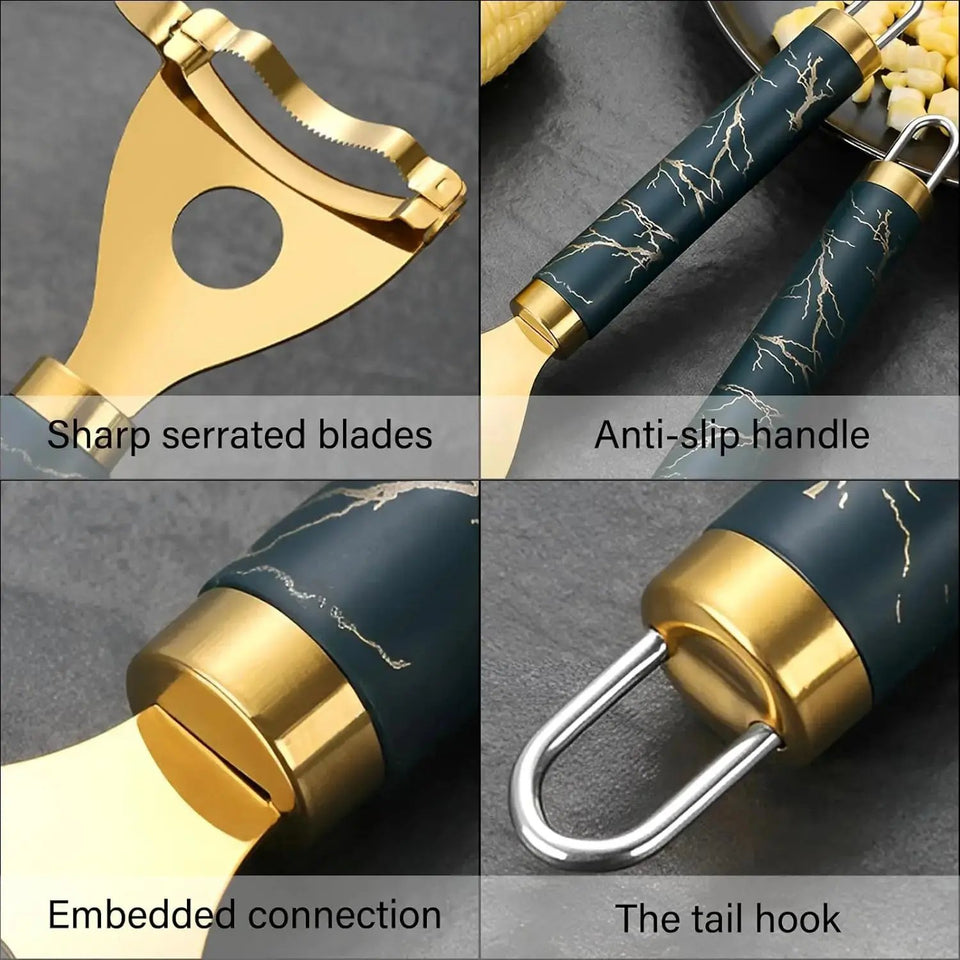 2-Pack Stainless Steel Corn Peeler Tool & Cob Stripper - Golden Marble Kitchen Gadget - SS Creative Holdings