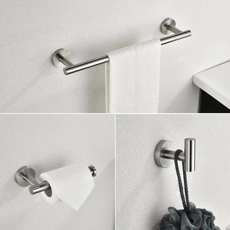 3-Piece Brushed Nickel Bathroom Hardware Set – Essential Towel Bar, Toilet Paper Holder & Robe Hook - SS Creative Holdings
