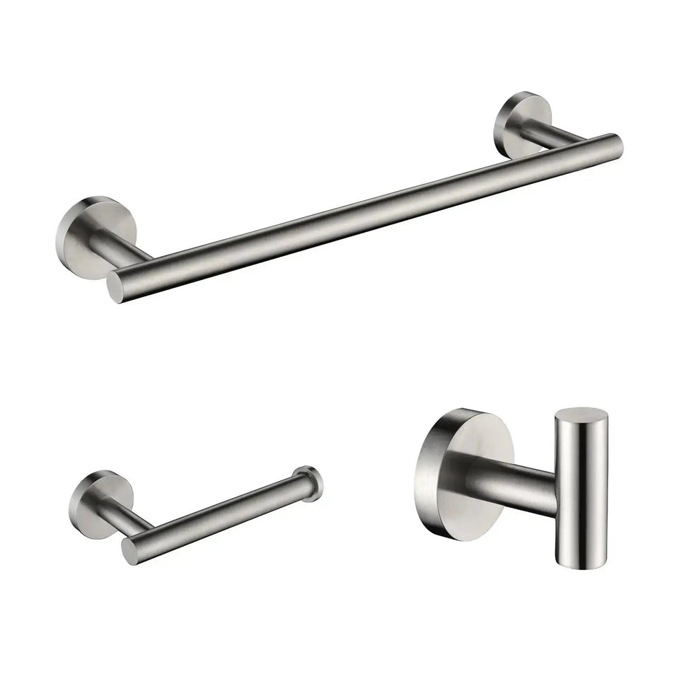 3-Piece Brushed Nickel Bathroom Hardware Set – Essential Towel Bar, Toilet Paper Holder & Robe Hook - SS Creative Holdings