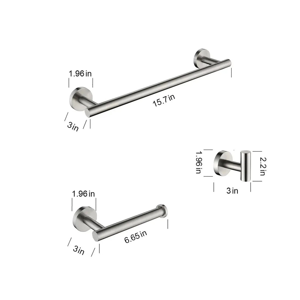 3-Piece Brushed Nickel Bathroom Hardware Set – Essential Towel Bar, Toilet Paper Holder & Robe Hook - SS Creative Holdings
