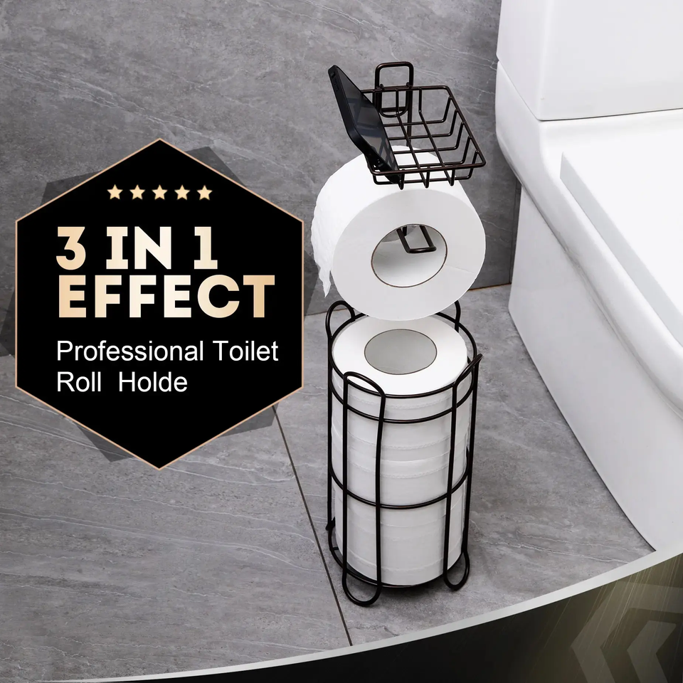 3-in-1 Free-Standing Toilet Paper Holder with Phone Shelf & Mega Roll Storage - SS Creative Holdings