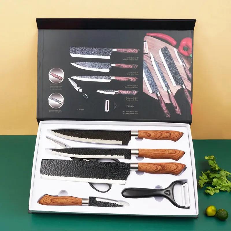 6 PCS Kitchen Knife Sets, Steel Kitchen Knives Set Tools Forged Kitchen Knife Scissors Ceramic Peeler Chef Slicer Knife Gift Case - SS Creative Holdings