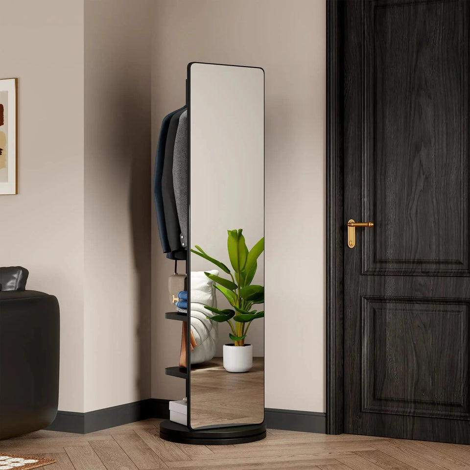 360° Rotating Full-Length Mirror & Coat Rack – Solid Wood Multi-Functional Storage Organizer (69" x 20") - SS Creative Holdings