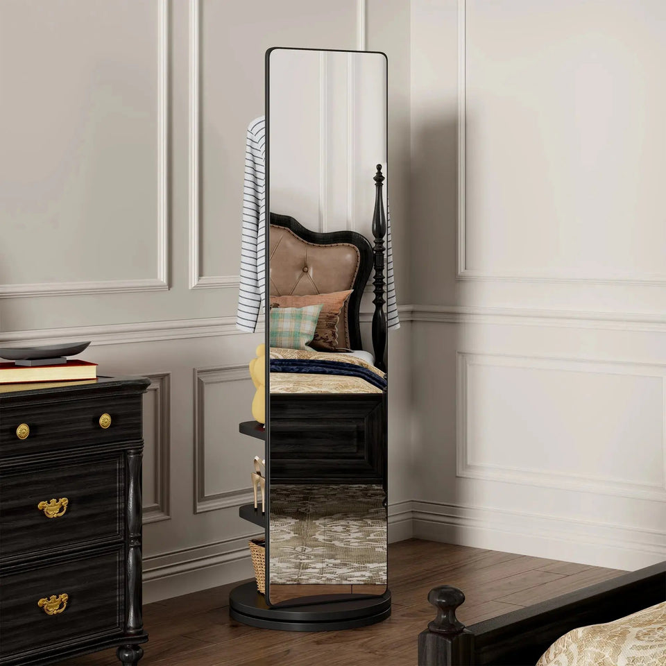 360° Rotating Full-Length Mirror & Coat Rack – Solid Wood Multi-Functional Storage Organizer (69" x 20") - SS Creative Holdings