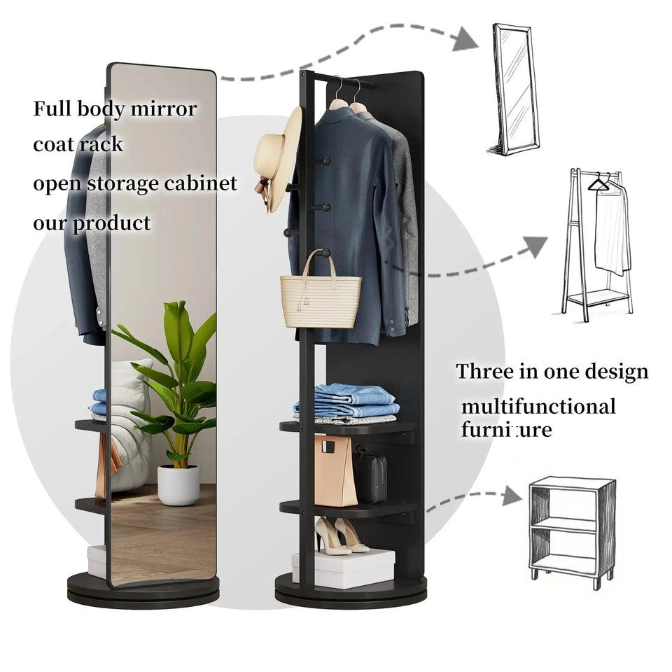 360° Rotating Full-Length Mirror & Coat Rack – Solid Wood Multi-Functional Storage Organizer (69" x 20") - SS Creative Holdings