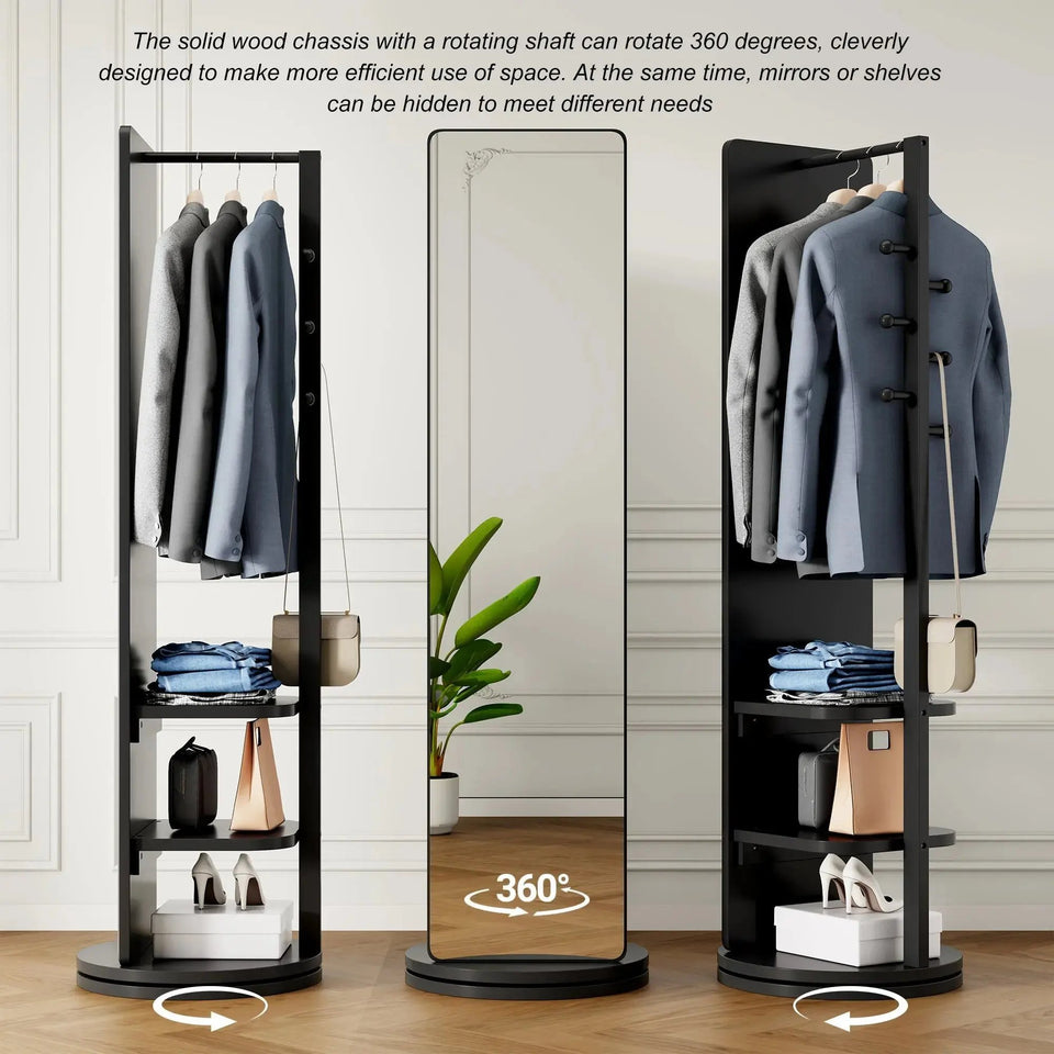 360° Rotating Full-Length Mirror & Coat Rack – Solid Wood Multi-Functional Storage Organizer (69" x 20") - SS Creative Holdings