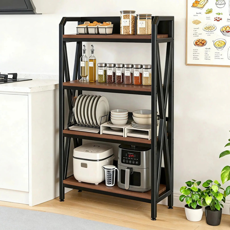 4-Level Industrial Baker’s Rack – Heavy-Duty Metal & Wood Kitchen Storage Organizer - SS Creative Holdings