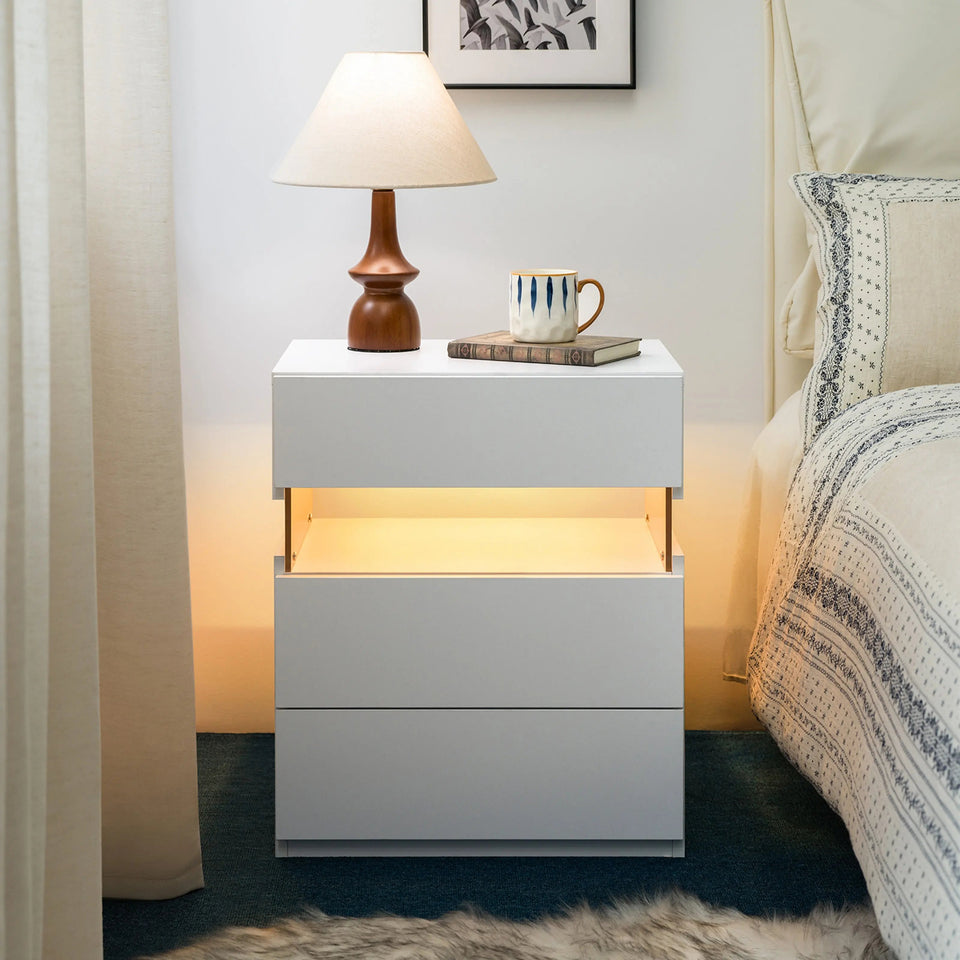 Modern 3-Drawer LED Bedside Nightstand - White - SS Creative Holdings