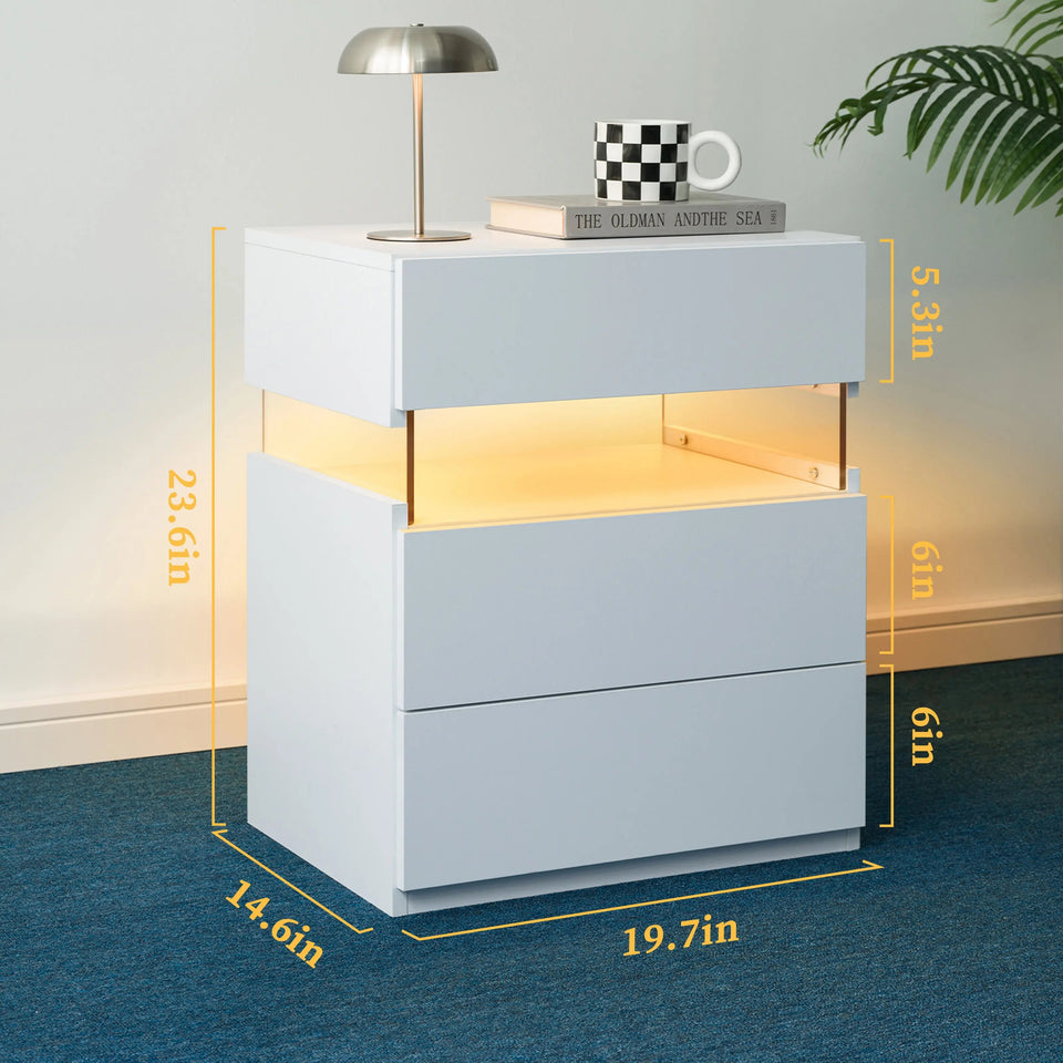 Modern 3-Drawer LED Bedside Nightstand - White - SS Creative Holdings