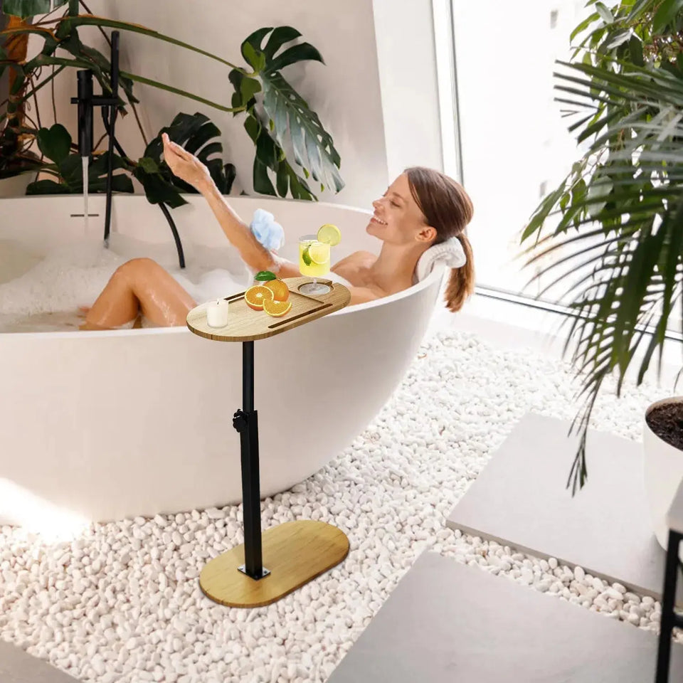 Adjustable Bamboo Bathtub Side Table – Freestanding Caddy with 360° Rotating Tray & Height-Adjustable Design - SS Creative Holdings