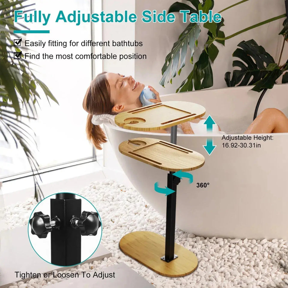 Adjustable Bamboo Bathtub Side Table – Freestanding Caddy with 360° Rotating Tray & Height-Adjustable Design - SS Creative Holdings