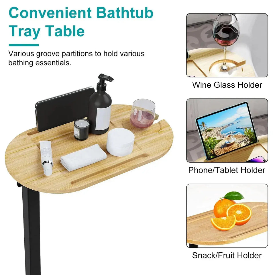 Adjustable Bamboo Bathtub Side Table – Freestanding Caddy with 360° Rotating Tray & Height-Adjustable Design - SS Creative Holdings