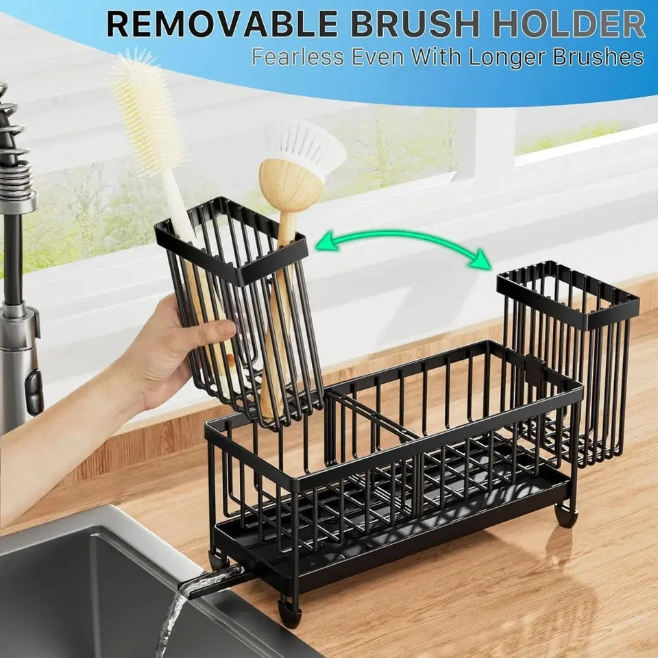 Cisily Stainless Steel Kitchen Sink Caddy & Sponge Holder with Auto-Drain Tray & Brush Rack - SS Creative Holdings