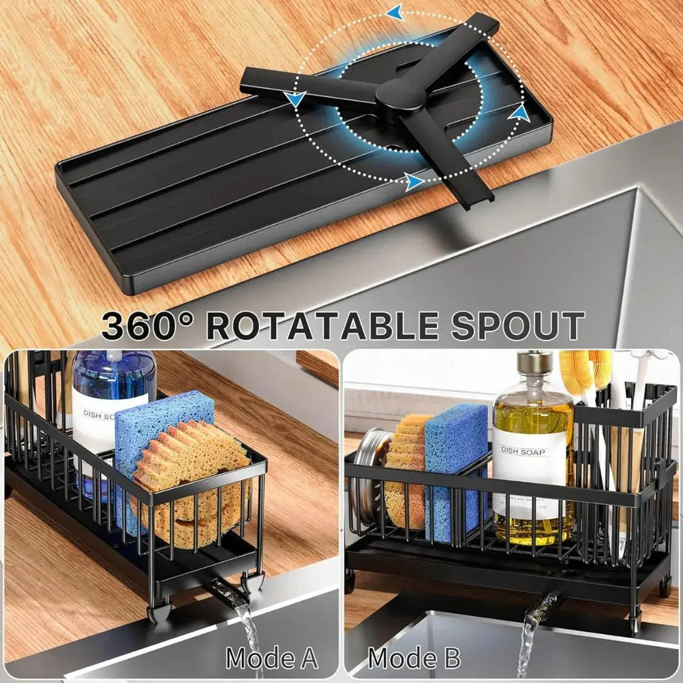Cisily Stainless Steel Kitchen Sink Caddy & Sponge Holder with Auto-Drain Tray & Brush Rack - SS Creative Holdings