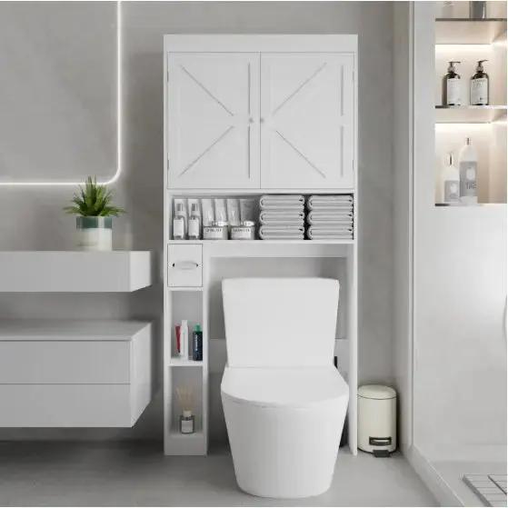 Farmhouse Over-the-Toilet Storage Cabinet – Space-Saving Bathroom Organizer with 2 Doors & Open Shelving - SS Creative Holdings