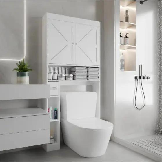 Farmhouse Over-the-Toilet Storage Cabinet – Space-Saving Bathroom Organizer with 2 Doors & Open Shelving - SS Creative Holdings