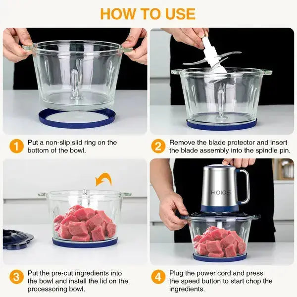 KOIOS Electric Food Chopper, 2L Automatic Meat Grinder & Vegetable Processor, 300W - SS Creative Holdings