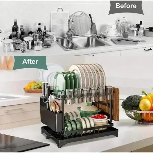 Large Capacity 2-Tier Dish Drying Rack with Rotatable Drain Board - SS Creative Holdings