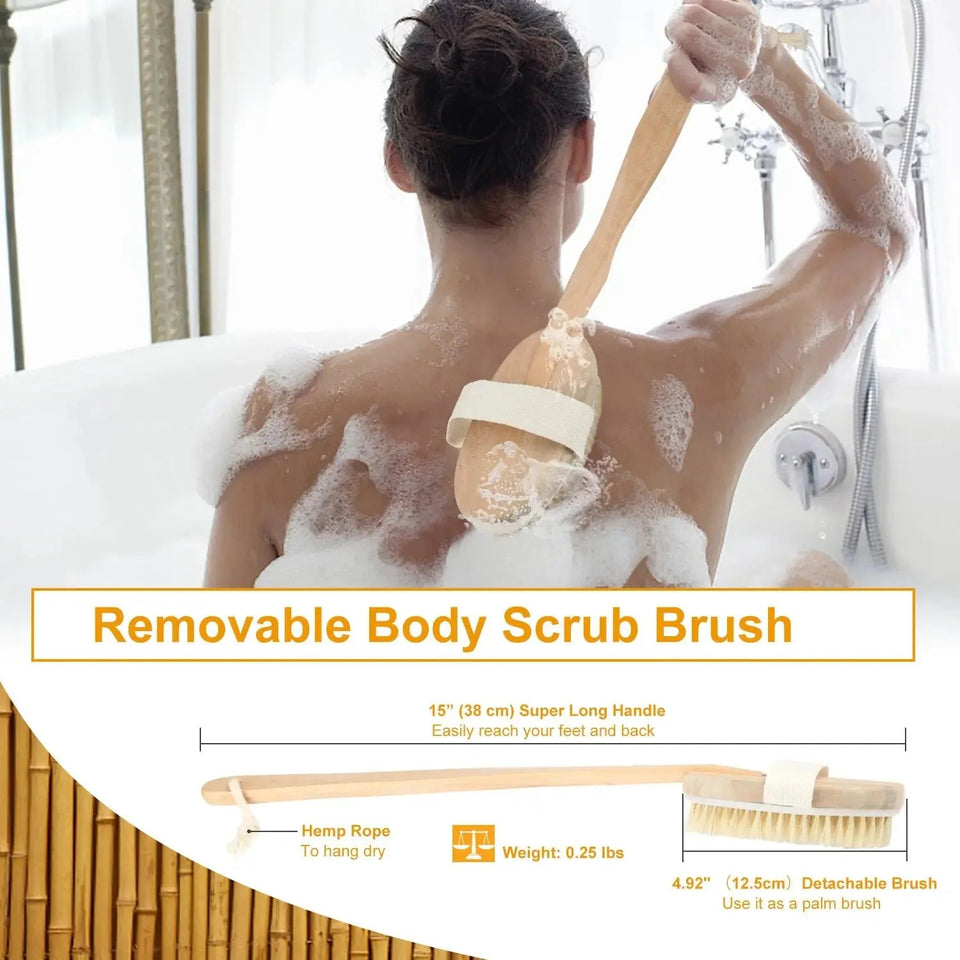 Luxury 15" Long Handle Bath Brush Wooden Bath & Body Scrubber – Detachable Exfoliating Shower Brush for Deep Cleansing & Detox - SS Creative Holdings