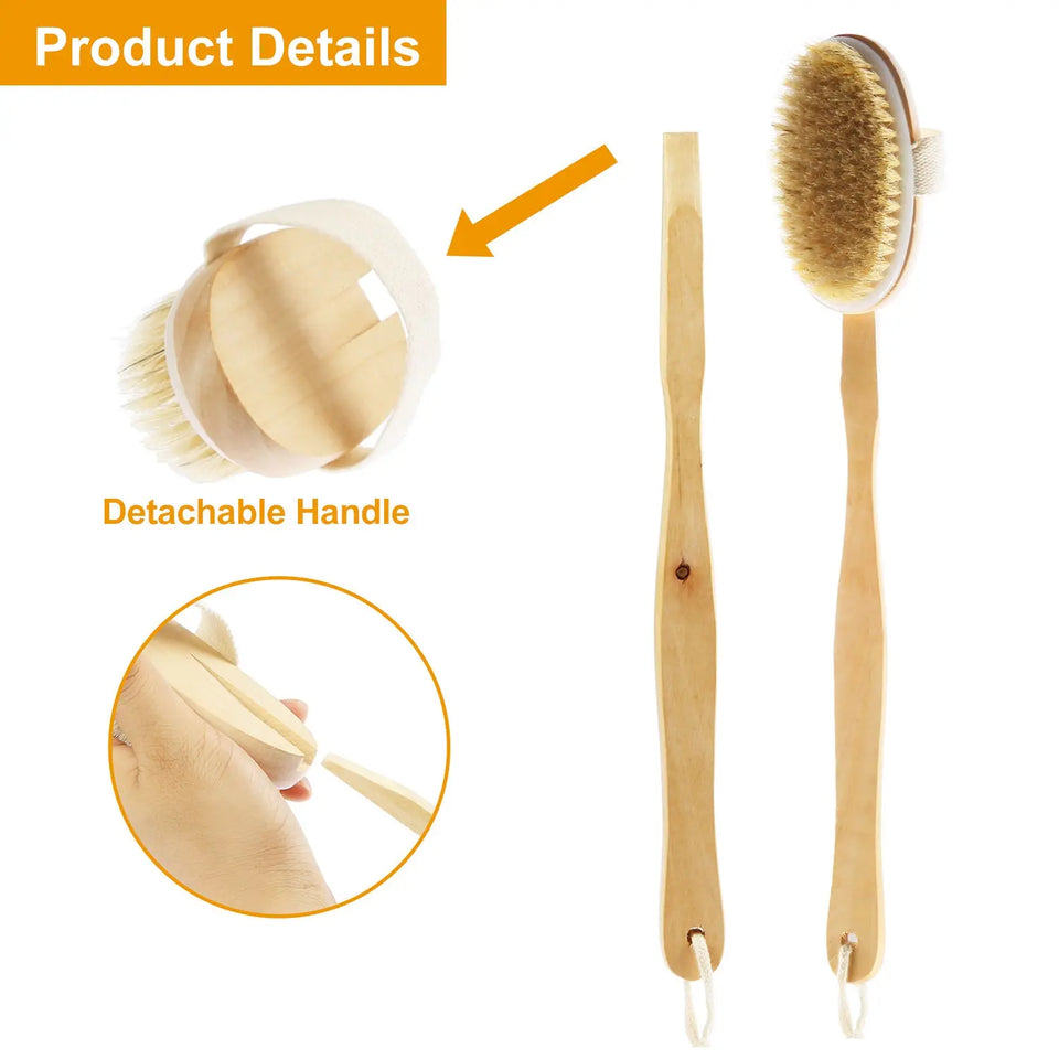 Luxury 15" Long Handle Bath Brush Wooden Bath & Body Scrubber – Detachable Exfoliating Shower Brush for Deep Cleansing & Detox - SS Creative Holdings