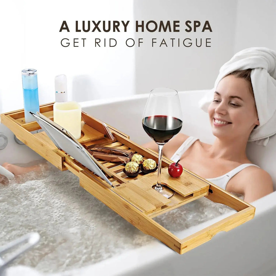 Luxury Extendable Bamboo Bathtub Caddy Tray – Spa Organizer with Tablet, Phone & Wine Glass Holders - SS Creative Holdings