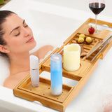 Luxury Extendable Bamboo Bathtub Caddy Tray – Spa Organizer with Tablet, Phone & Wine Glass Holders - SS Creative Holdings