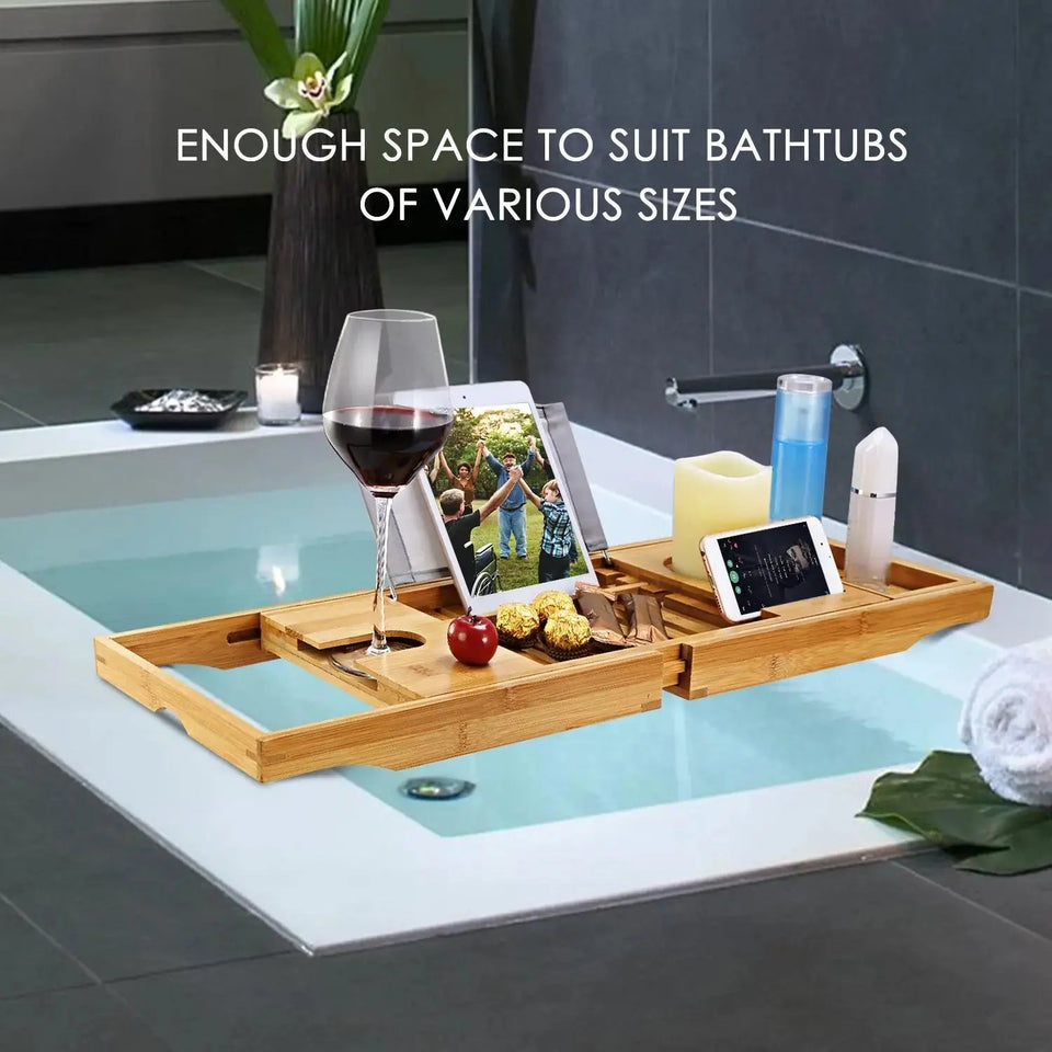 Luxury Extendable Bamboo Bathtub Caddy Tray – Spa Organizer with Tablet, Phone & Wine Glass Holders - SS Creative Holdings