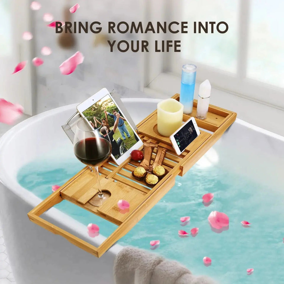 Luxury Extendable Bamboo Bathtub Caddy Tray – Spa Organizer with Tablet, Phone & Wine Glass Holders - SS Creative Holdings