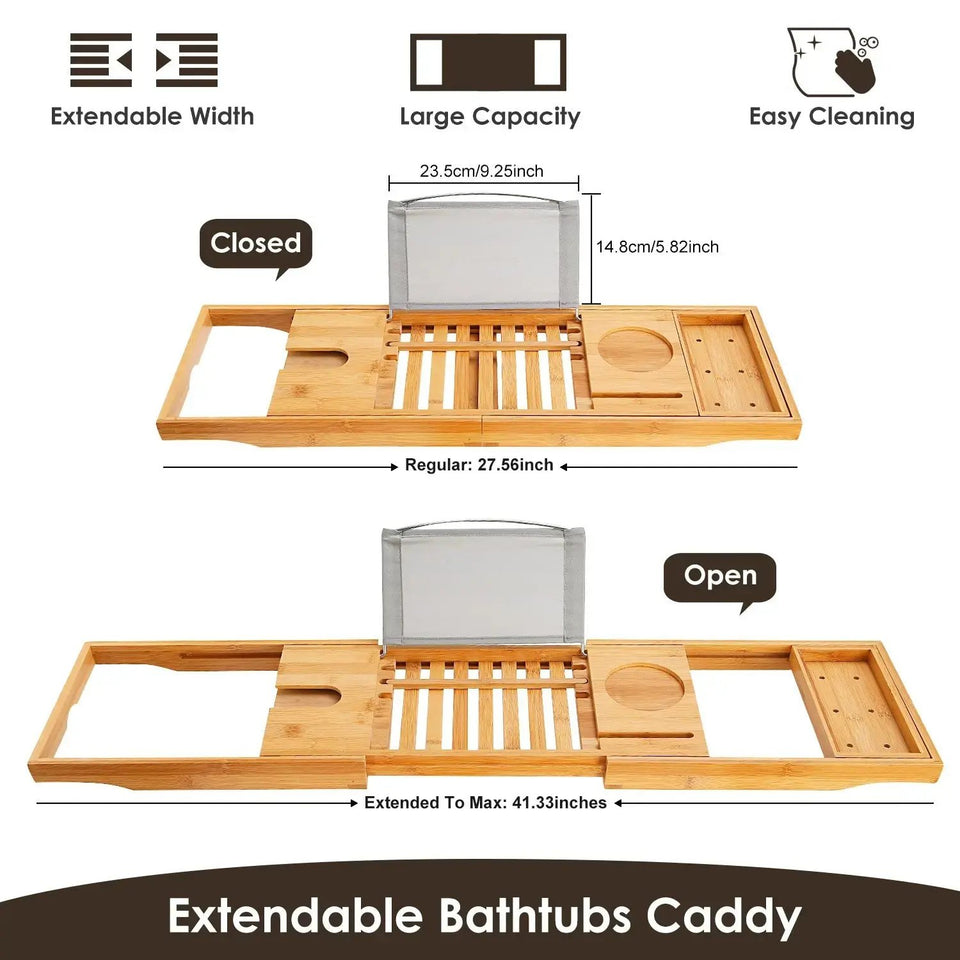 Luxury Extendable Bamboo Bathtub Caddy Tray – Spa Organizer with Tablet, Phone & Wine Glass Holders - SS Creative Holdings