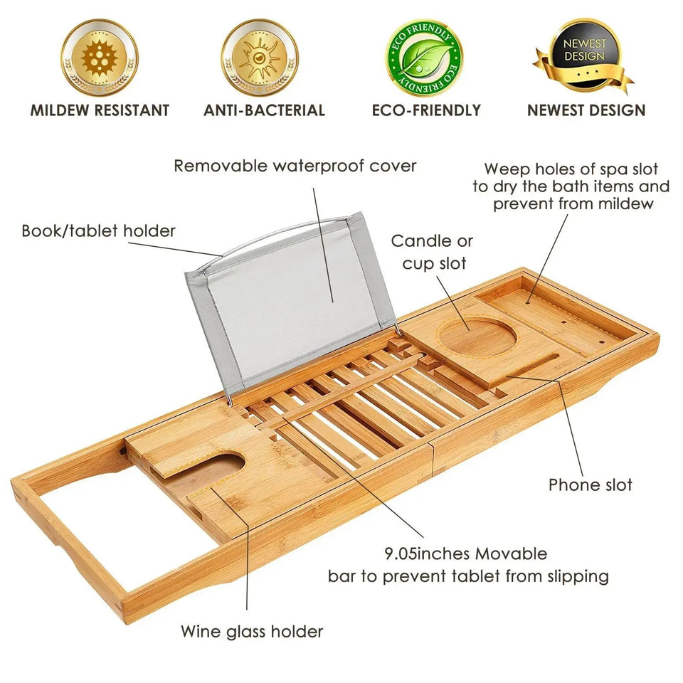 Luxury Extendable Bamboo Bathtub Caddy Tray – Spa Organizer with Tablet, Phone & Wine Glass Holders - SS Creative Holdings