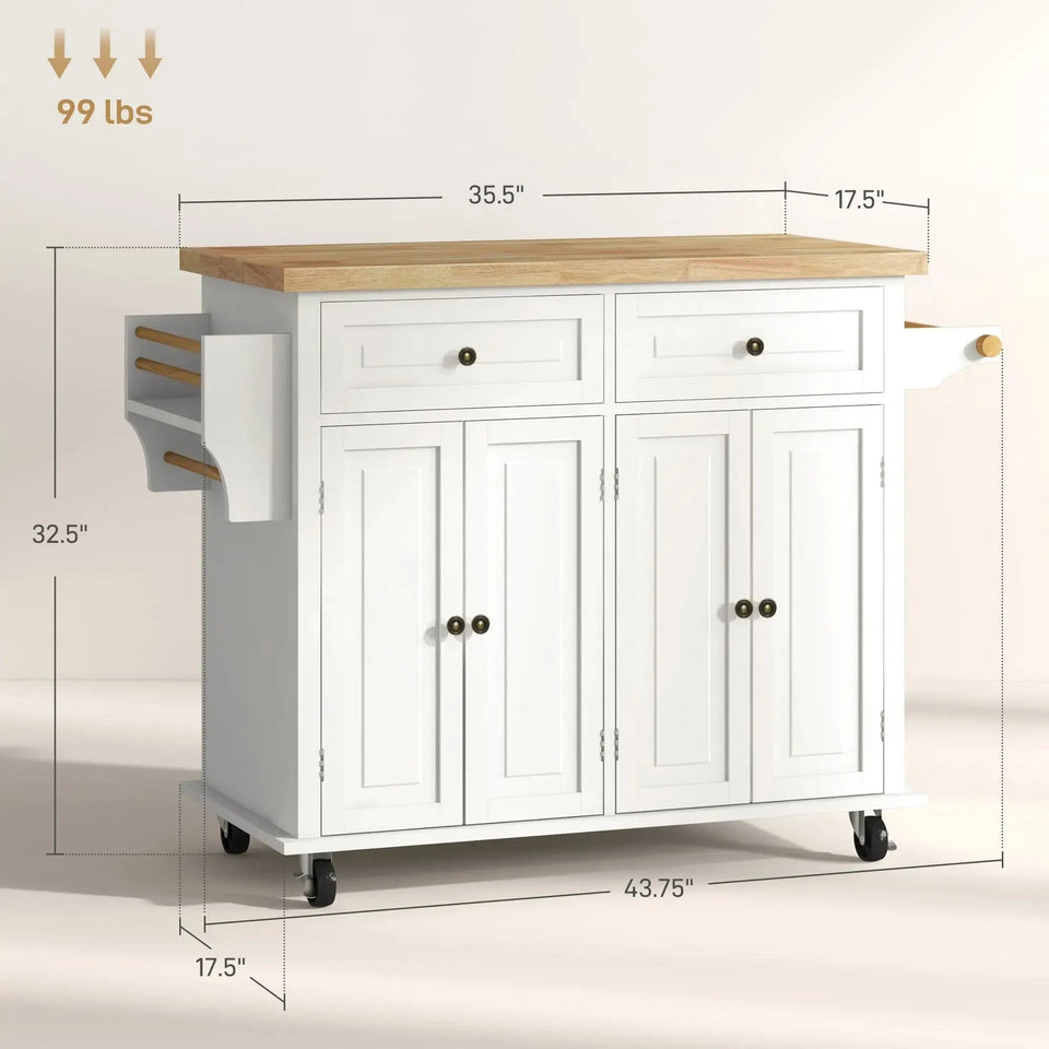 Mobile Kitchen Island with Rubberwood Top – Spacious Storage Cart in Cream White - SS Creative Holdings