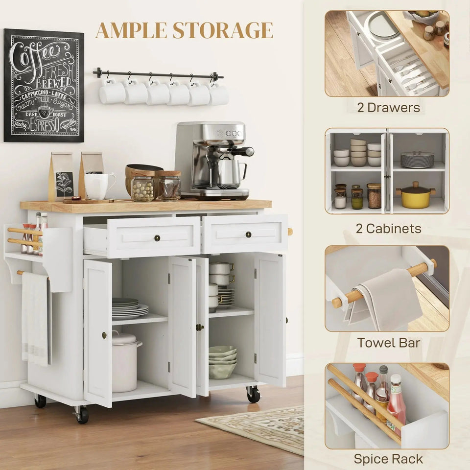 Mobile Kitchen Island with Rubberwood Top – Spacious Storage Cart in Cream White - SS Creative Holdings