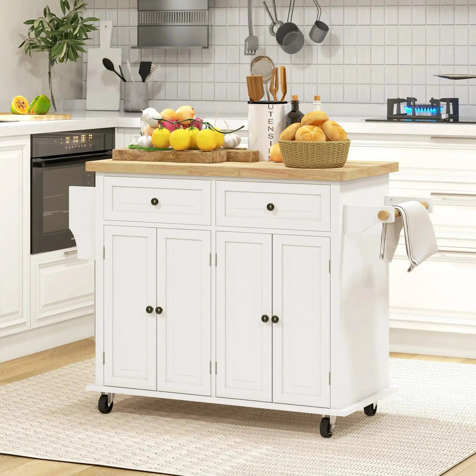 Mobile Kitchen Island with Rubberwood Top – Spacious Storage Cart in Cream White - SS Creative Holdings