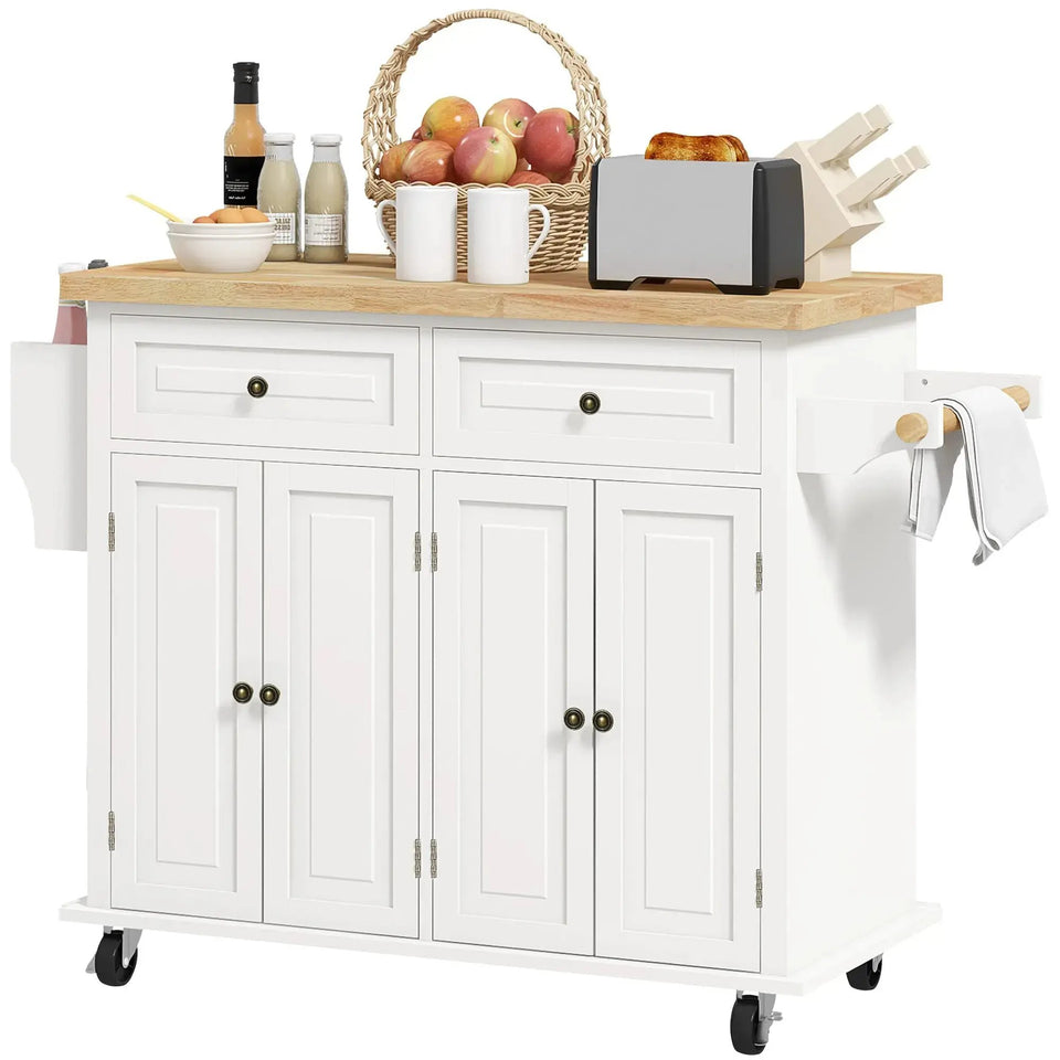 Mobile Kitchen Island with Rubberwood Top – Spacious Storage Cart in Cream White - SS Creative Holdings