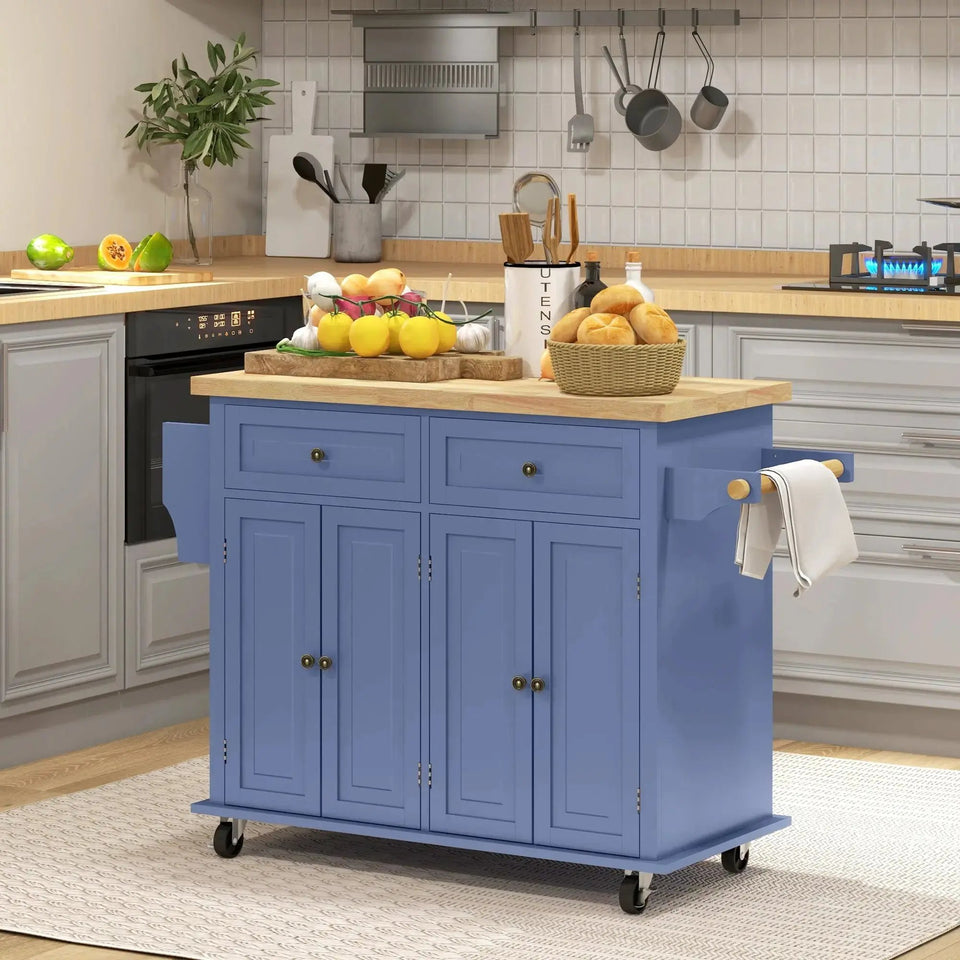 Mobile Kitchen Island with Rubberwood Top – Spacious Storage Cart in Navy Blue - SS Creative Holdings