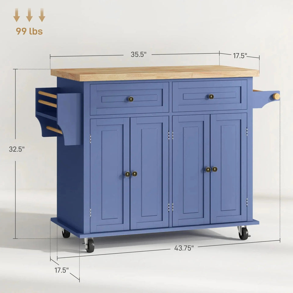 Mobile Kitchen Island with Rubberwood Top – Spacious Storage Cart in Navy Blue - SS Creative Holdings