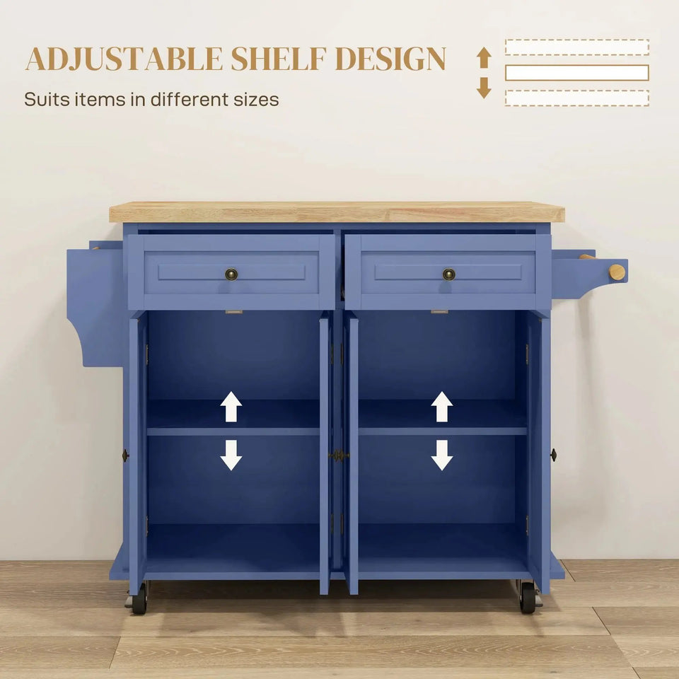Mobile Kitchen Island with Rubberwood Top – Spacious Storage Cart in Navy Blue - SS Creative Holdings