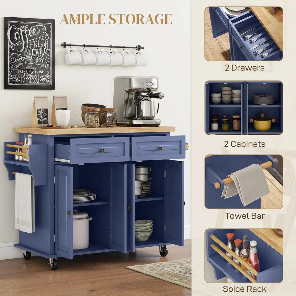 Mobile Kitchen Island with Rubberwood Top – Spacious Storage Cart in Navy Blue - SS Creative Holdings