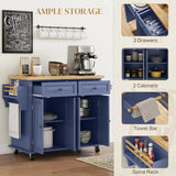 Mobile Kitchen Island with Rubberwood Top – Spacious Storage Cart in Navy Blue - SS Creative Holdings
