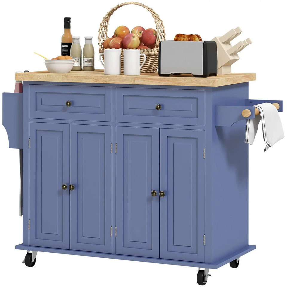 Mobile Kitchen Island with Rubberwood Top – Spacious Storage Cart in Navy Blue - SS Creative Holdings