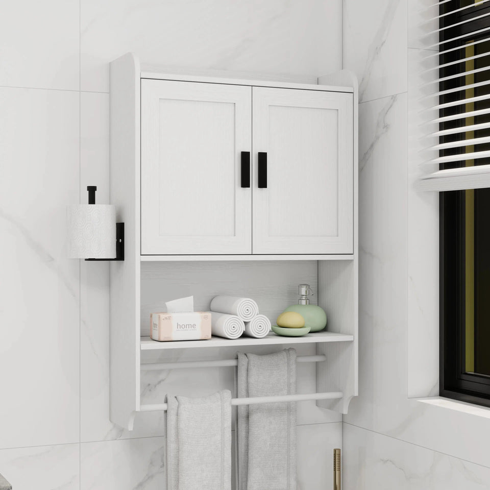 Multi-Functional Bathroom Wall Cabinet – White Storage Organizer with Adjustable Shelf, Towel Bar & Paper Holder - SS Creative Holdings