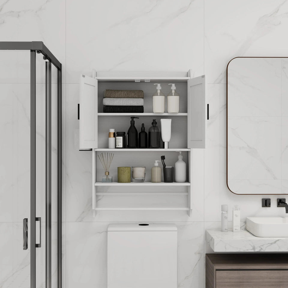 Multi-Functional Bathroom Wall Cabinet – White Storage Organizer with Adjustable Shelf, Towel Bar & Paper Holder - SS Creative Holdings
