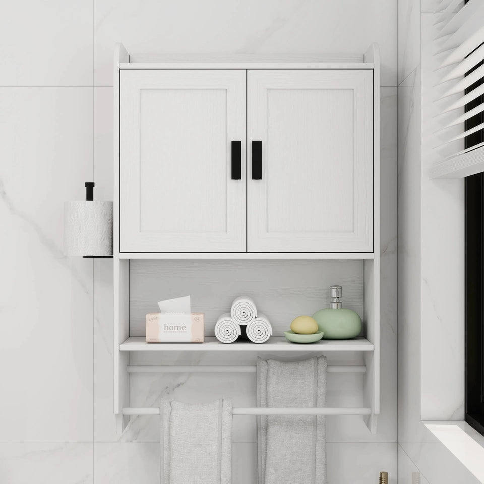 Multi-Functional Bathroom Wall Cabinet – White Storage Organizer with Adjustable Shelf, Towel Bar & Paper Holder - SS Creative Holdings