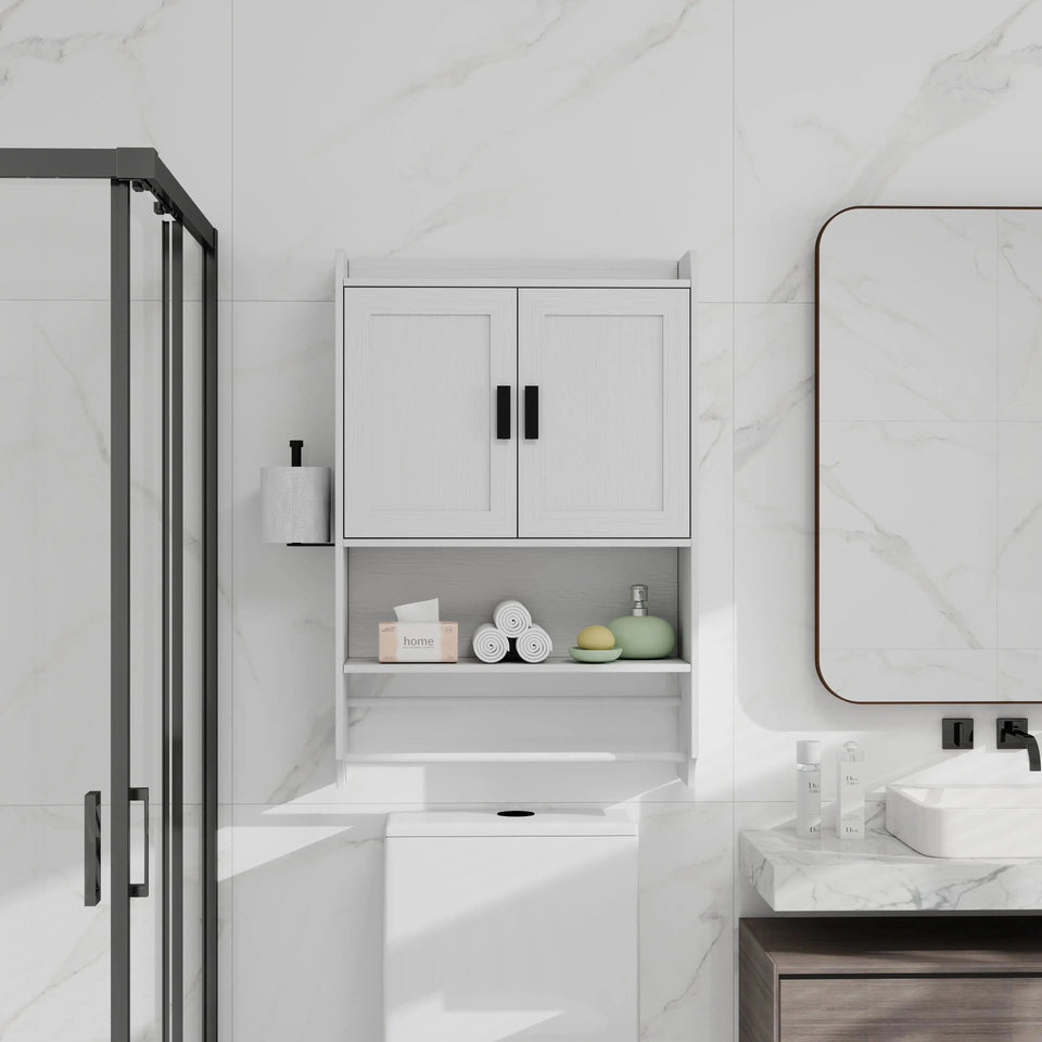 Multi-Functional Bathroom Wall Cabinet – White Storage Organizer with Adjustable Shelf, Towel Bar & Paper Holder - SS Creative Holdings