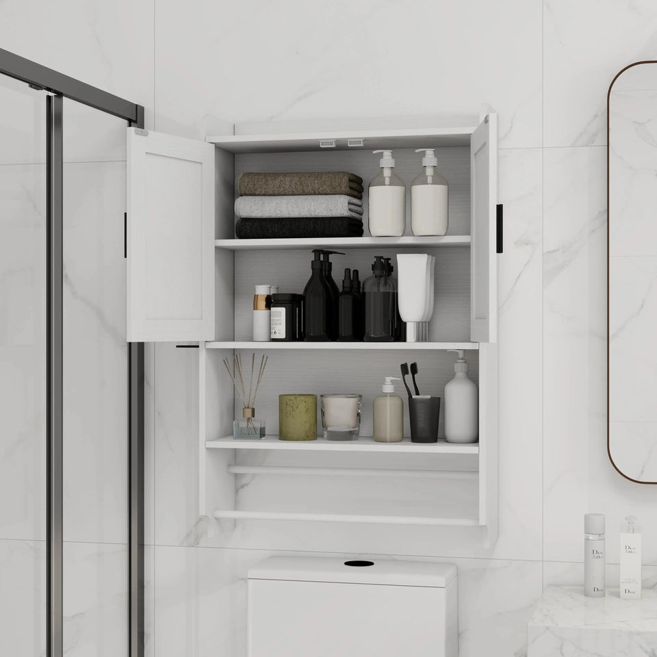 Multi-Functional Bathroom Wall Cabinet – White Storage Organizer with Adjustable Shelf, Towel Bar & Paper Holder - SS Creative Holdings