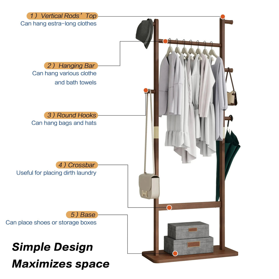 Solid Wood Minimalist Coat Rack – Freestanding Entryway Organizer with Natural Walnut Finish (71") - SS Creative Holdings