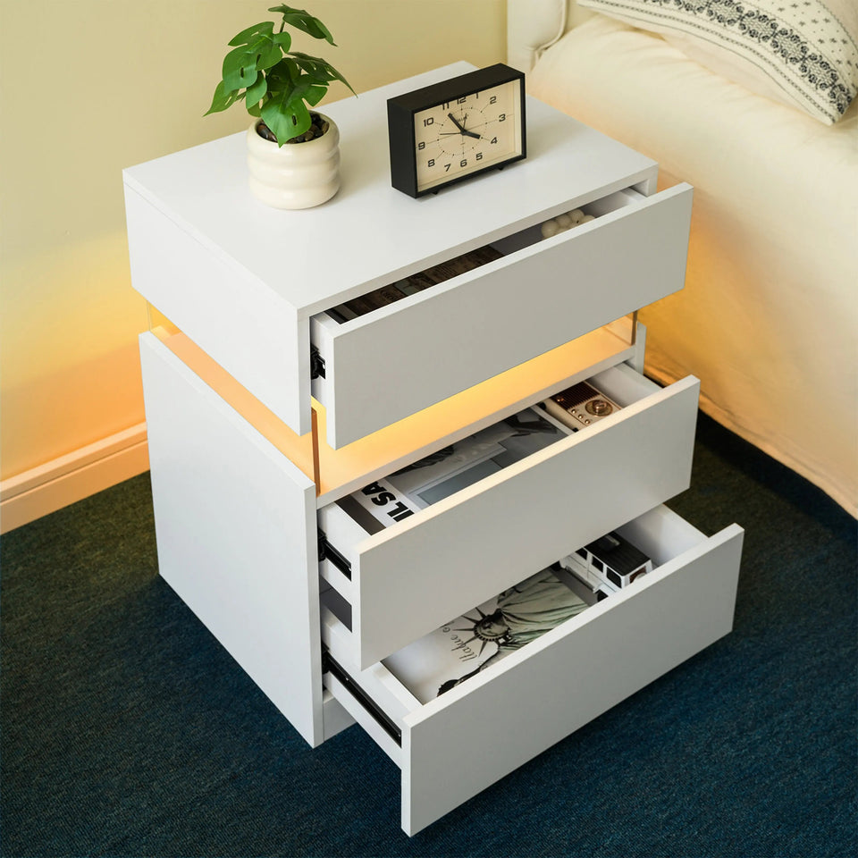 Modern 3-Drawer LED Bedside Nightstand - White - SS Creative Holdings